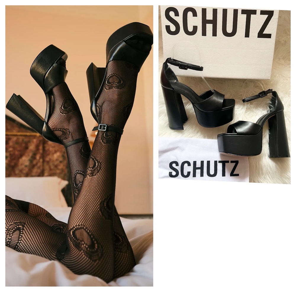 New! SCHUTZ “Lenne” Chunky Square Heel Platform Leather Sandals Heels